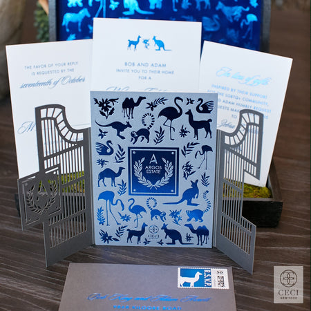 lasercut gate wedding invitation in blue velvet