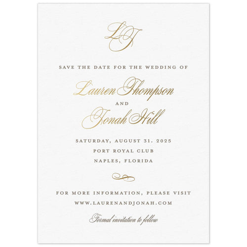 White card with block and script font centered on the page in pewter and gold. Script monogram centered on the top of the card.