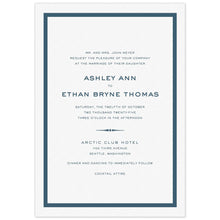 Load image into Gallery viewer, White card with thick navy blue line border. San serif fonts centered on the page. Decorative line flourish separating lines of type.