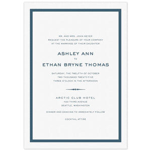 White card with thick navy blue line border. San serif fonts centered on the page. Decorative line flourish separating lines of type.