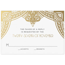 Load image into Gallery viewer, White card with gold deco design on the top of the card. Block and deco reply card copy centered underneath the design.