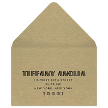 Load image into Gallery viewer, Gold reply envelope with black deco font centered on the front of the envelope.