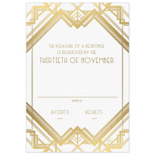 Load image into Gallery viewer, White reply card with gold geometric lines on the top and bottom of the card. Gold reply copy in deco font centered between the design.