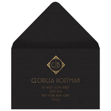 Load image into Gallery viewer, Black reply envelope, gold diamond with monogram in the center, gold deco copy centered underneath the diamond.