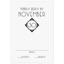 Load image into Gallery viewer, Deco black font above a diamond shape holding a number. Thin lines and copy at the bottom of the page.