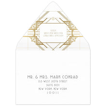 Load image into Gallery viewer, White envelope with gold geometric lines on the back flap. White box in between the lines of a deco font of the reply address. Black deco mailing address centered on the front of the envelope.