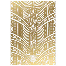 Load image into Gallery viewer, White card with gold deco pattern on the full card. Small Ceci New York logo on the bottom of the card.