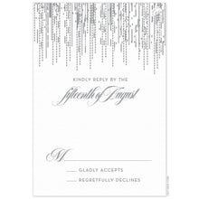 Load image into Gallery viewer, Patterned lines falling from the top of the reply card. Block and script RSVP text centered underneath.