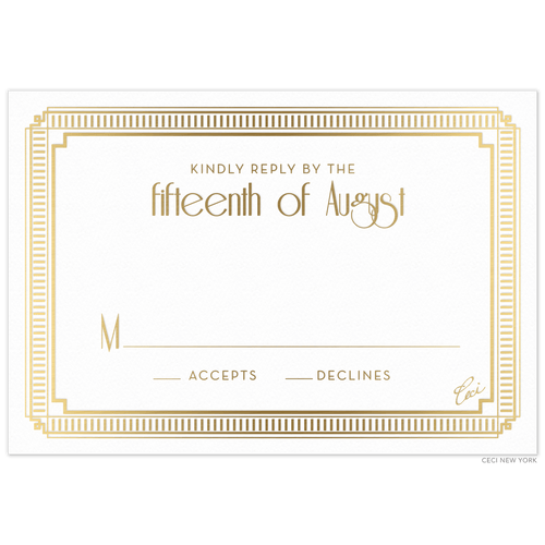 Gold decorative line border on a white RSVP card. Centered gold block and deco text centered on the decorative border.