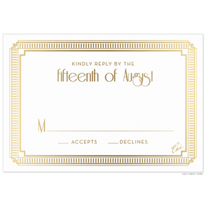 Gold decorative line border on a white RSVP card. Centered gold block and deco text centered on the decorative border.