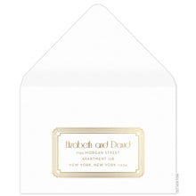 Load image into Gallery viewer, Gold deco line decorative border holding deco and block copy on the front of the white reply envelope.