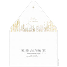 Load image into Gallery viewer, Gold patterned lines falling from the top of the card. Deco and block font centered on the back of the envelope flap. Small Ceci logo on the tip of the flap. Black deco and block font centered on the envelope.