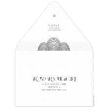 Load image into Gallery viewer, Black lines and dots swooping on the black flap of an envelope. Deco font centered underneath the design with a small circle logo at the top of the flap. Centered deco font on the front of the envelope.