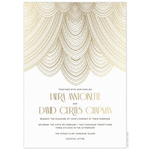 Load image into Gallery viewer, Gold lines drapping in swooping patterns on the top third of a white invitation. Black and gold deco font centered underneath the design.