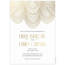 Load image into Gallery viewer, Gold lines drapped in swooping patterns on the top half of a white card. Black and gold deco font centered underneath the design.
