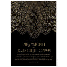 Load image into Gallery viewer, Gold lines drapping in swooping patterns on the top third of a black invitation. Black and gold deco font centered underneath the design.