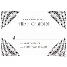 Load image into Gallery viewer, Line and dot pattern sweeping on all four corners of a white card. Black deco RSVP copy centered on the card.