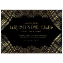 Load image into Gallery viewer, Gold line and dot pattern sweeping the corners of the card and the top and bottom of the card. Block deco font centered on the black card.