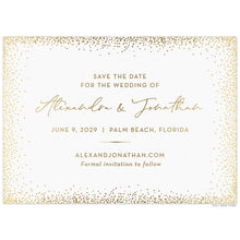 Load image into Gallery viewer, White card with gold dots organically framing the card. Gold block and script font centered on the page. Simple line flourish separating information.