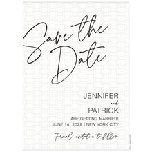 Load image into Gallery viewer, Blind letterpress pattern behind right aligned block font in black. Script &quot;Save the Date&quot; in the top left corner of the card in black.