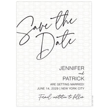 Load image into Gallery viewer, Blind letterpress pattern behind right aligned block font in black. Script "Save the Date" in the top left corner of the card in black.