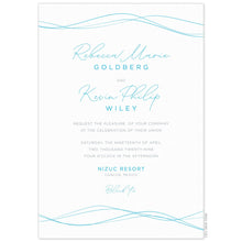 Load image into Gallery viewer, Wavey thin blue lines at the top and bottom of the white invitation. San serif and script blue copy centered on the card.