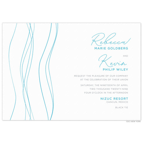 Thin, wavy, vertical lines on the left side of the card. Right aligned blue and grey, script and san serif copy.