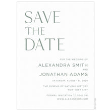 Load image into Gallery viewer, Large olive green Save the Date words at the top left of the page. Block green right aligned text at the bottom right corner of the page.