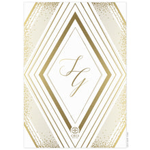 Load image into Gallery viewer, Large diamond with geometric lines and small dots on the back of the card in gold foil. Gold script monogram centered in the diamond shape. Small Ceci logo on the bottom of the card.