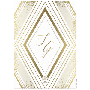 Large diamond with geometric lines and small dots on the back of the card in gold foil. Gold script monogram centered in the diamond shape. Small Ceci logo on the bottom of the card.
