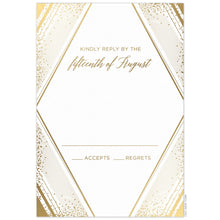 Load image into Gallery viewer, Large diamond with geometric lines and small dots on the corners of the card gold foil. Gold block and script font centered in the diamond shape.