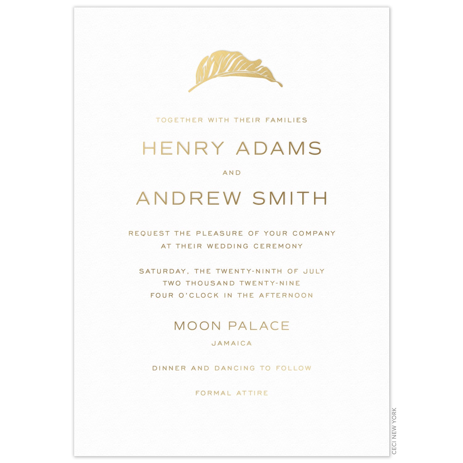 White invitation, gold san serif font centered on the page, gold modern leaf at the top of the page.