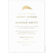 Load image into Gallery viewer, White invitation, gold san serif font centered on the page, gold modern leaf at the top of the page.