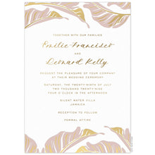 Load image into Gallery viewer, White invitation, modern pink palm leaves with gold details on the top and bottom of the card. Script and san serif copy centered on the page.