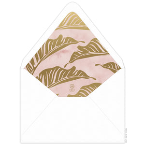 Envelope liner with watercolor pink background, modern palm leaves, small ceci logo in gold.