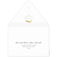 Load image into Gallery viewer, White envelope, san serif return address and modern palm leaf in gold foil on the back flap. Mailing address on the front of the envelope.