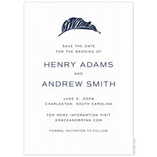 Load image into Gallery viewer, White save the date with navy modern leaf centered on the top of the page, san serif font centered under the leaf.