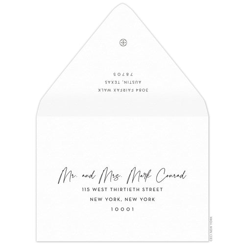White envelope with grey return copy and small ceci logo. Script and block copy on the front.