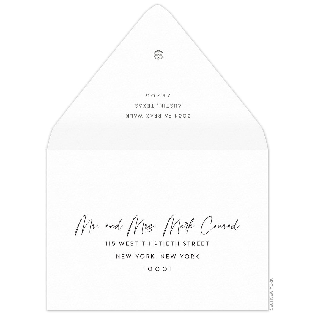 White envelope with grey return copy and small ceci logo. Script and block copy on the front.