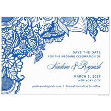 Load image into Gallery viewer, Floral, leaves and henna patterns on the top of the card and draping down the left side in blue. Block and script right aligned copy.
