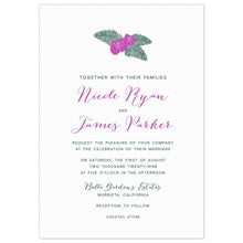 Load image into Gallery viewer, Purple and green orchid and leaf motif at the top of a white card. Block and script font centered on the page in the same colors.