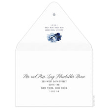 Load image into Gallery viewer, white envelope with the flap up and facing us. two blue watercolor flowers on the flap. Navy script for the name, and block font for the address