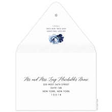Load image into Gallery viewer, white envelope with the flap up and facing us. two blue watercolor flowers on the flap. Navy script for the name, and block font for the address