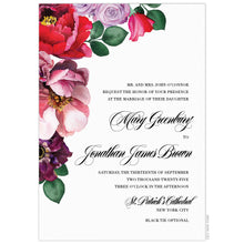 Load image into Gallery viewer, Crimson red, maroon, blush, green watercolor florals dripping down the top left side of the card. Black block and script font right aligned on the white card.