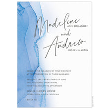 Load image into Gallery viewer, Blue watercolor ombre wash on the left side of the card. Large names in script and left aligned block text.