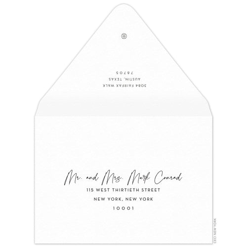 White envelope with grey return address and small ceci logo on the back flap. Script and block copy on the front of the envelope.