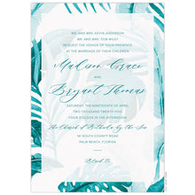Load image into Gallery viewer, Turquoise watercolor palm leaves on the background of the card. White sheer box holding turquoise san serif and script centered on the page.