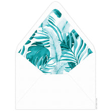 Load image into Gallery viewer, Large watercolor palm leaves in turquoise. Small Ceci logo towards the bottom of the liner.