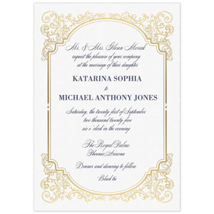 White invitation with gold scroll border, navy script writing and block font names. 