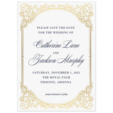 Load image into Gallery viewer, White save the date with gold scroll border, navy block writing and script font names.